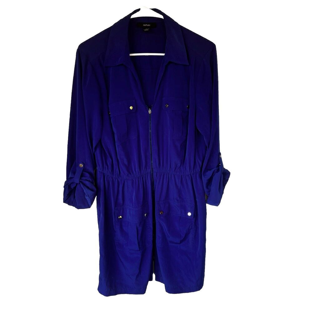 ALFANI Dress Sz 14 Royal Blue Longsleeve Zipper Pockets Casual Party Collared